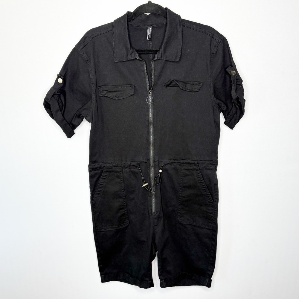 American Bazi Black Utility Romper Cotton Zip Front Cargo Size Large